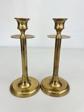 2 Vintage Brass Round Bottom Candlestick Holders Matching 8" India Patina MCM